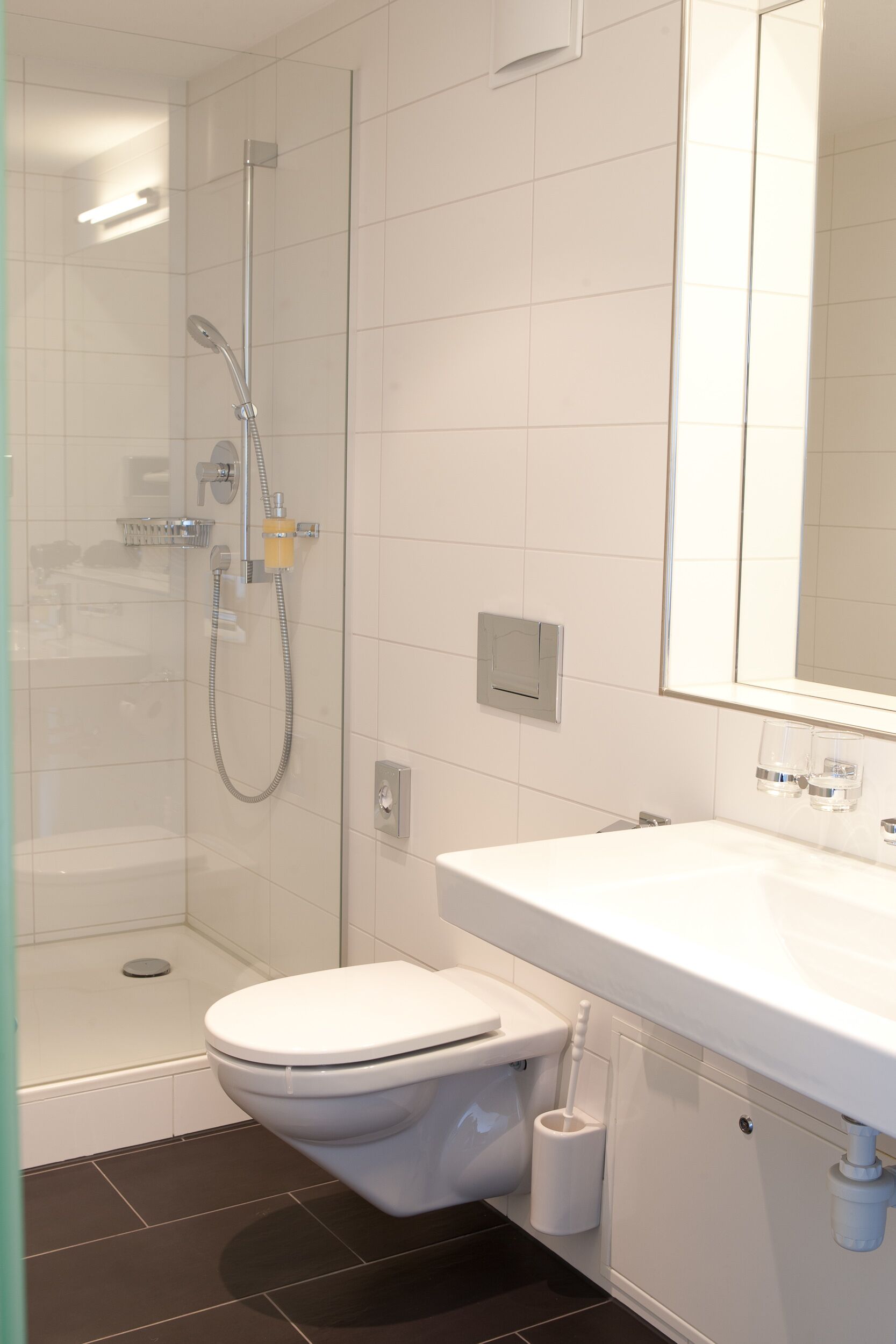 A modern bathroom with a glass-enclosed shower, a white toilet, and a sink with a mirror above it.