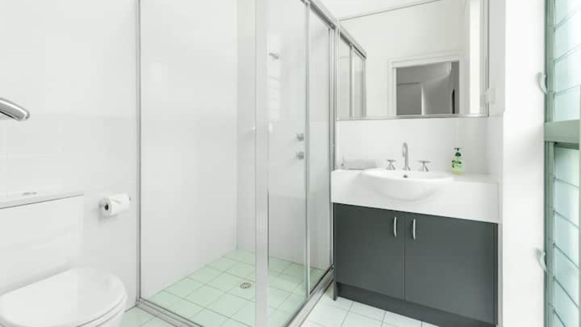 A modern bathroom with a glass shower enclosure, a white sink, and dark cabinets.