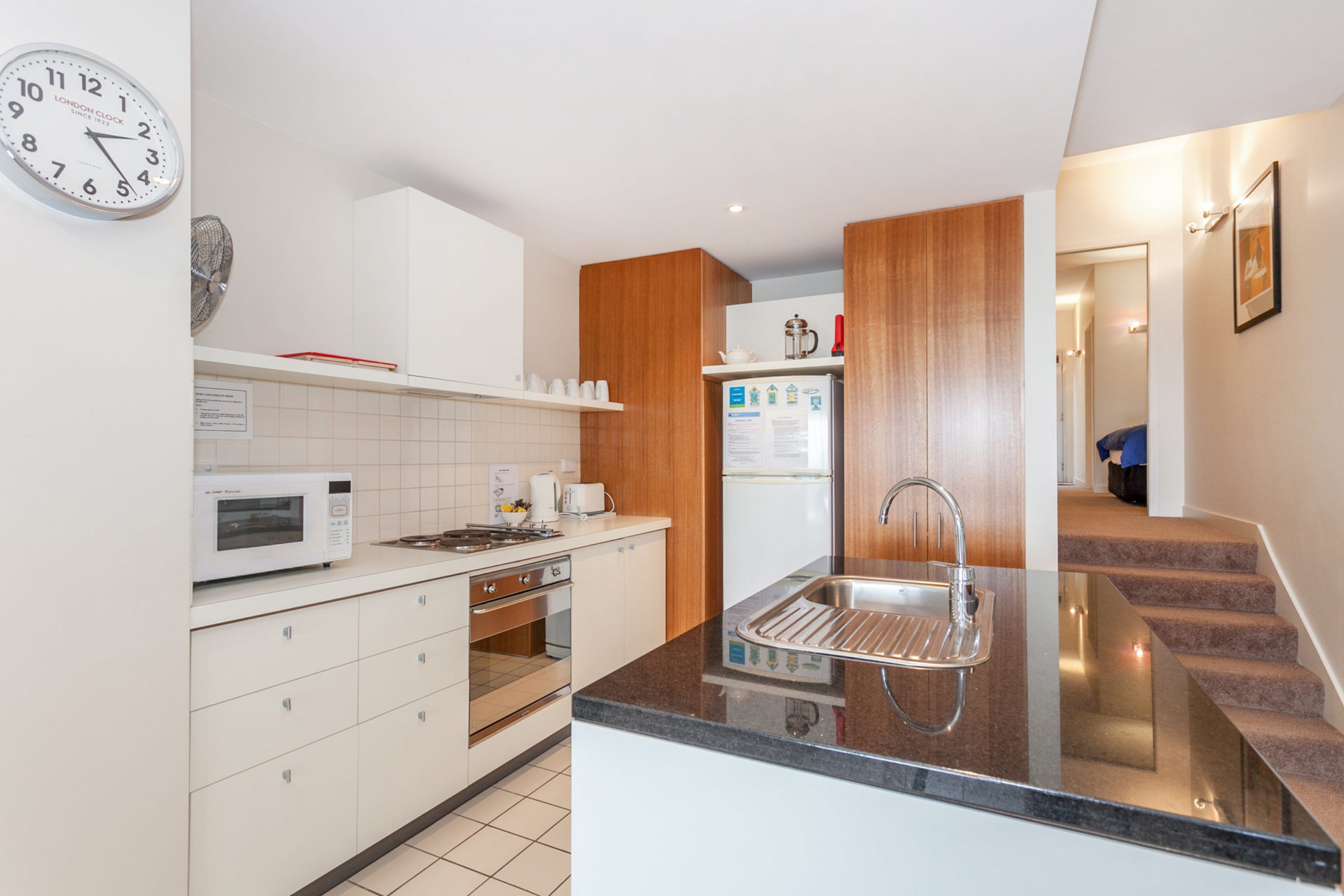 Fridge, dishwasher, toaster, cookware/dishes/utensils