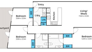 A floor plan with two bedrooms, a kitchen, a living area, and a balcony. - Apartment 12 Pacific Apartments (Lorne)