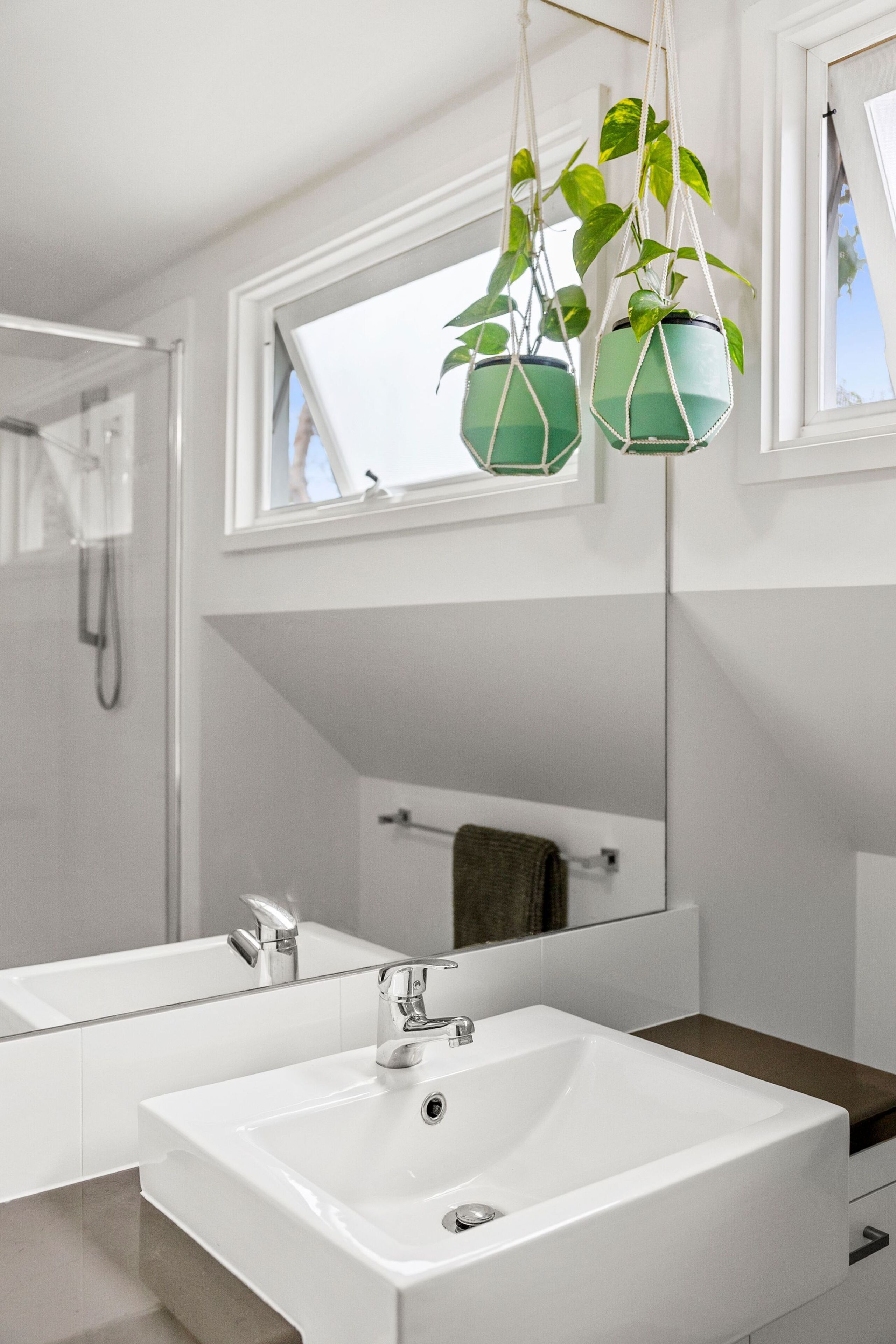 Une salle de bain moderne avec un grand miroir, deux vasques et des plantes vertes suspendues.