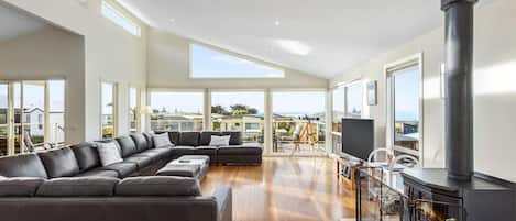 Televisie, een open haard, Netflix en een dvd-speler