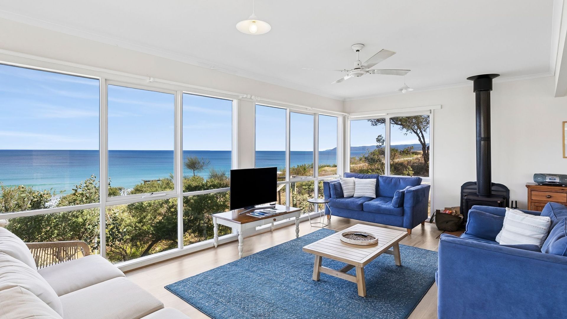 Smart TV, fireplace, DVD player, books