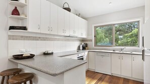 Fridge, dishwasher, toaster, cookware/dishes/utensils