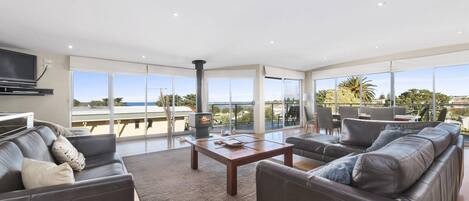 Fernseher, Kamin, DVD-Player, Musikbibliothek