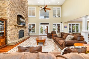 Smart TV, fireplace, DVD player, table football - Executive Mansion at Lake Gaston sleeps 40 and has HEATED POOL. (Bracey)