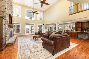 Smart TV, fireplace, DVD player, foosball