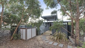 Pathway leads to a contemporary building surrounded by eucalyptus trees.