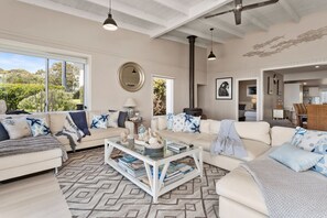 Smart TV, fireplace, DVD player, books