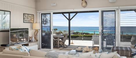 TV connectée, cheminée, lecteur de DVD, livres