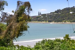 Un paysage côtier avec une plage, de la végétation et des bâtiments en arrière-plan.