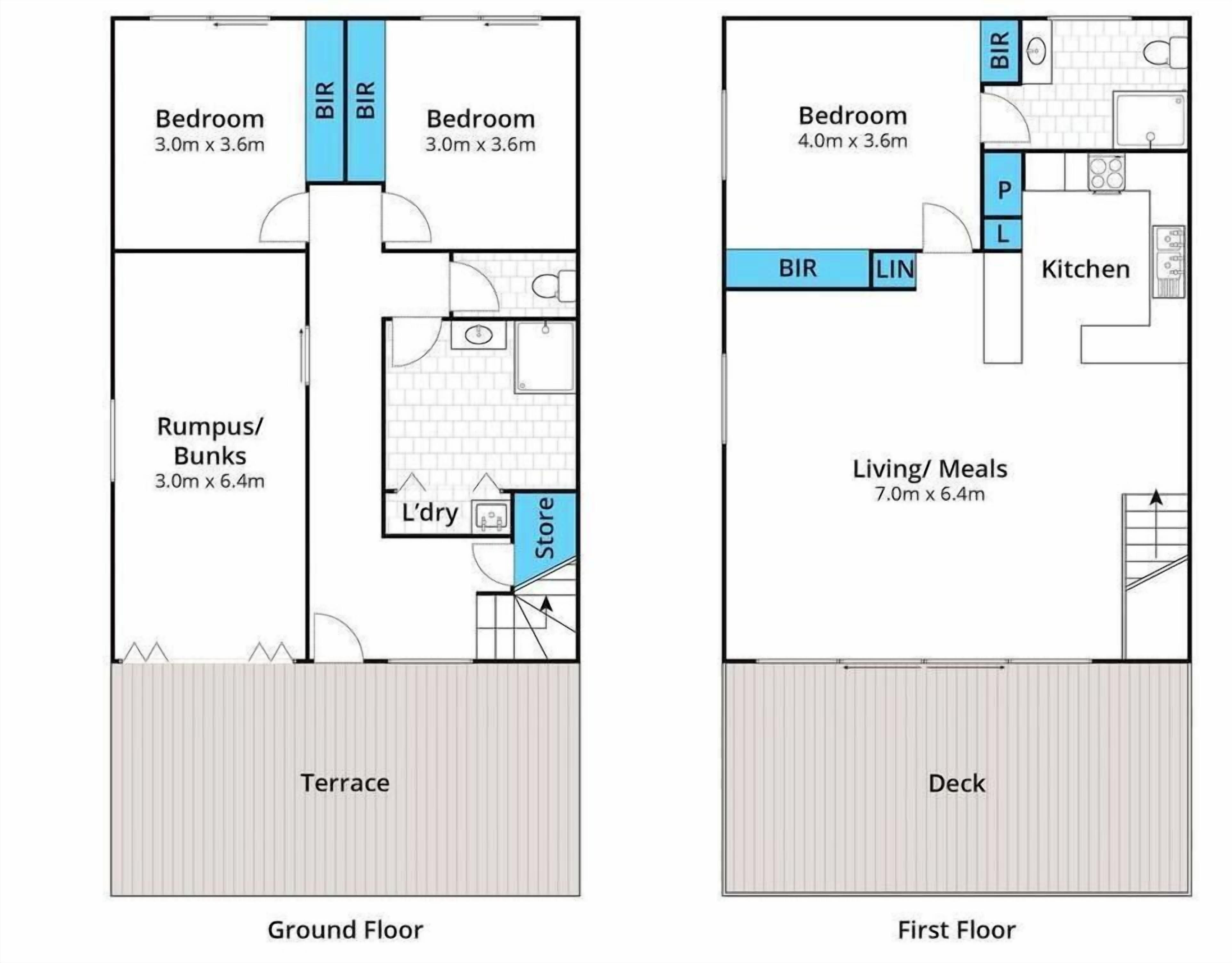 Two floor plans of a property with bedrooms, a kitchen, a living area, a store, and a terrace.