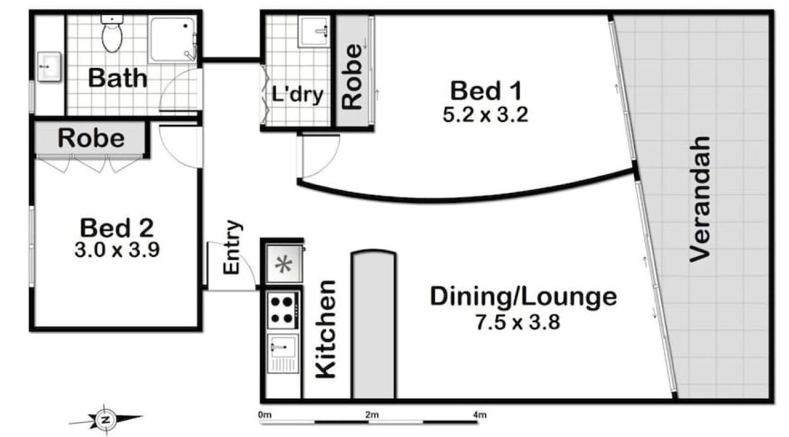A floor plan with two bedrooms, a bathroom, a kitchen, a dining/lounge area, and a robe closet.