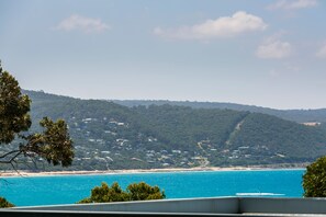 A coastal landscape with a beach, a forested hill, and a clear sky. - Apartment 20 Kalimna (Lorne)