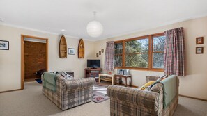 Fernseher, Kamin, DVD-Player, Musikbibliothek