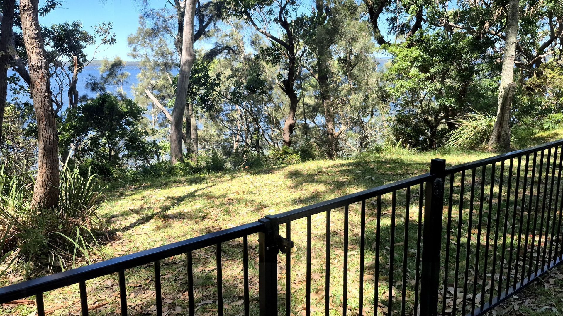 A fenced area with trees and a view of the water.