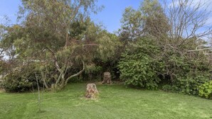 Een gazon met bomen en een houten stronk.
