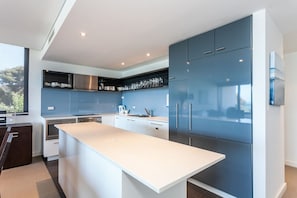A modern kitchen with a large island, built-in appliances, and a view of the outdoors.