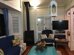 Smart TV, fireplace, DVD player, books