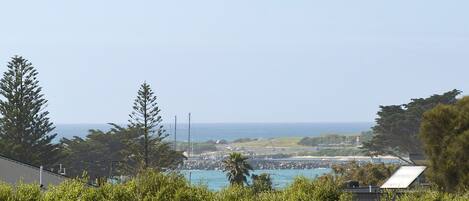 Un paisaje costero con vista al mar, vegetación y una costa distante.