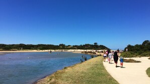 A coastal walkway with a clear view of the sea, a sandy beach, and a grassy area. - Anglesea River Apartment 23 (Anglesea)