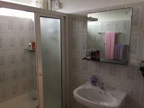 Shower, hair dryer, towels