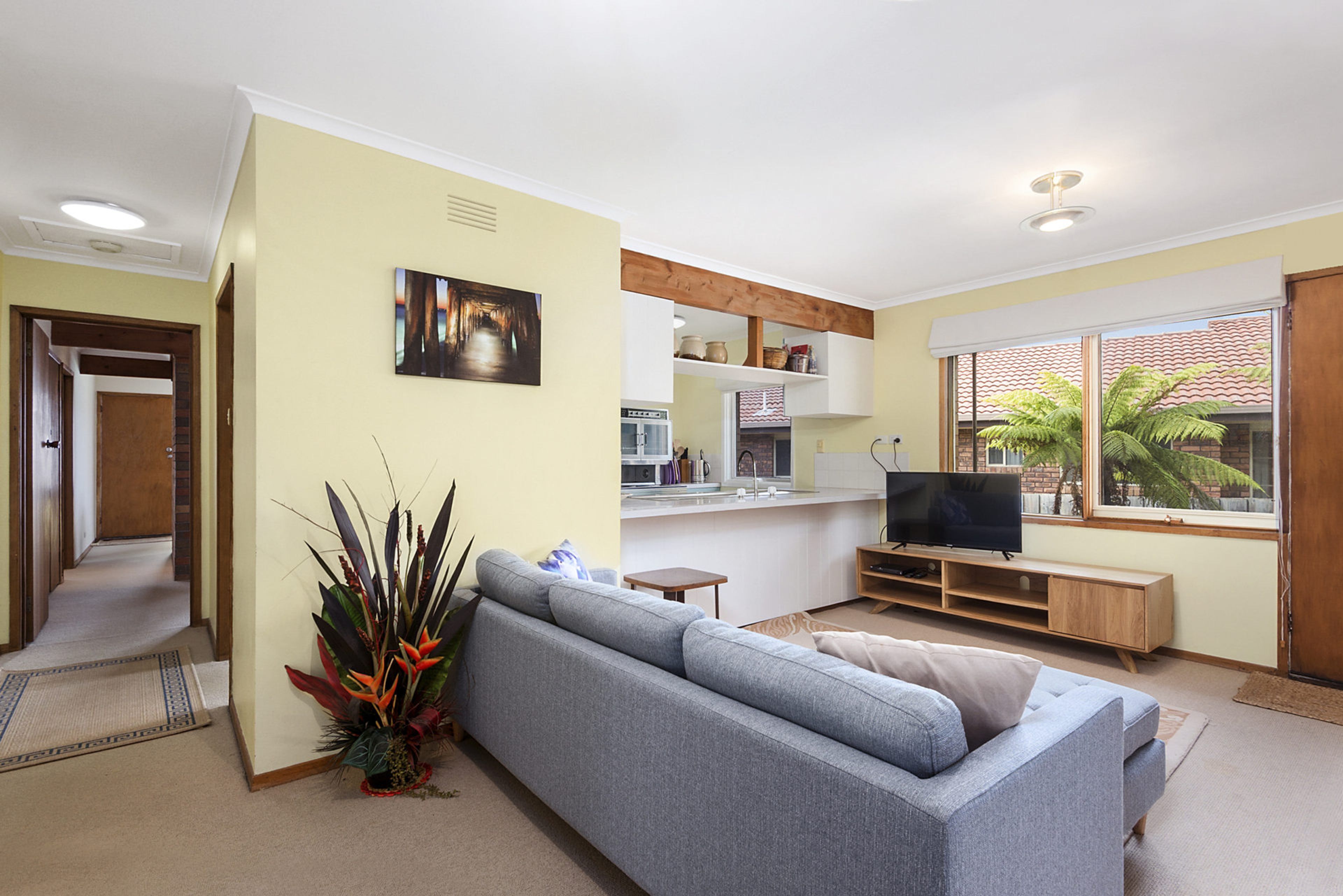 A living room with a grey sofa, a television, and a kitchen area with a window.