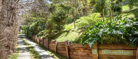 Un sendero bordeado por una valla de madera con un letrero que dice 'Ocean Magic'.