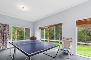 Ein Tischtennis-Tisch in einem Raum mit großen Fenstern und einem Stuhl.