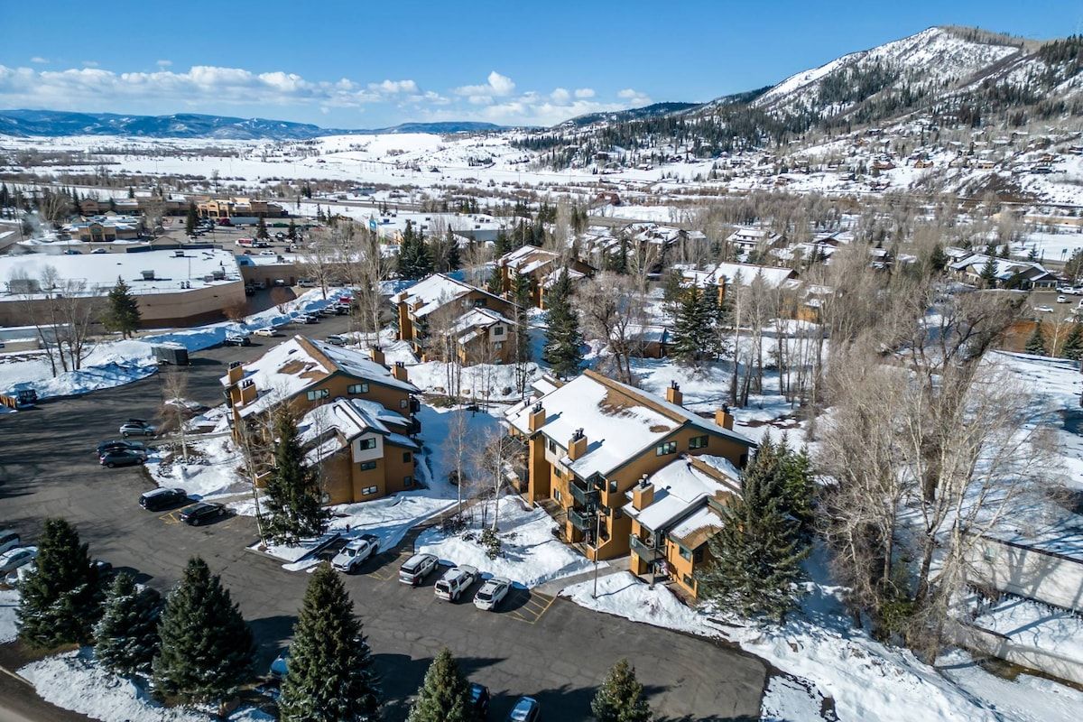 Un quartier résidentiel composé de plusieurs maisons à deux étages, d’un parking et bordé par des montagnes.