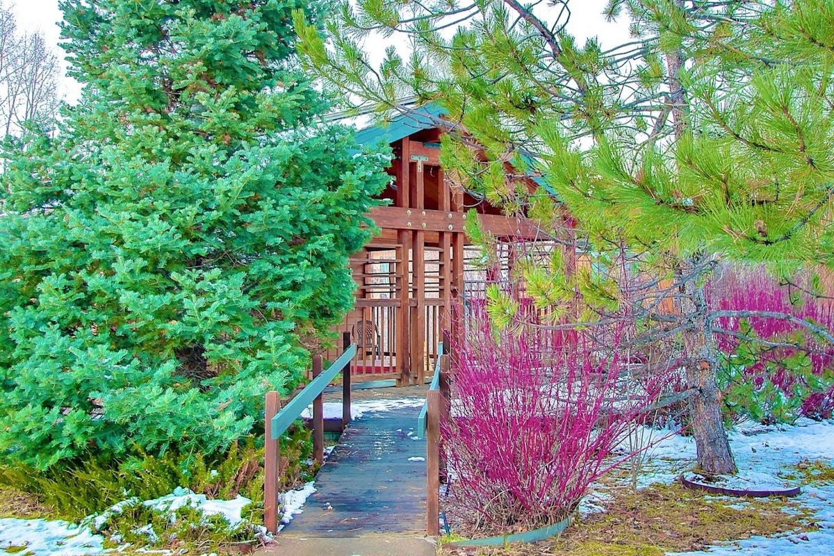 A wooden structure with a covered walkway leading to a cabin, surrounded by dense green foliage and some red-leaved plants.