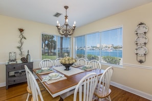 Huge dining table has great water view