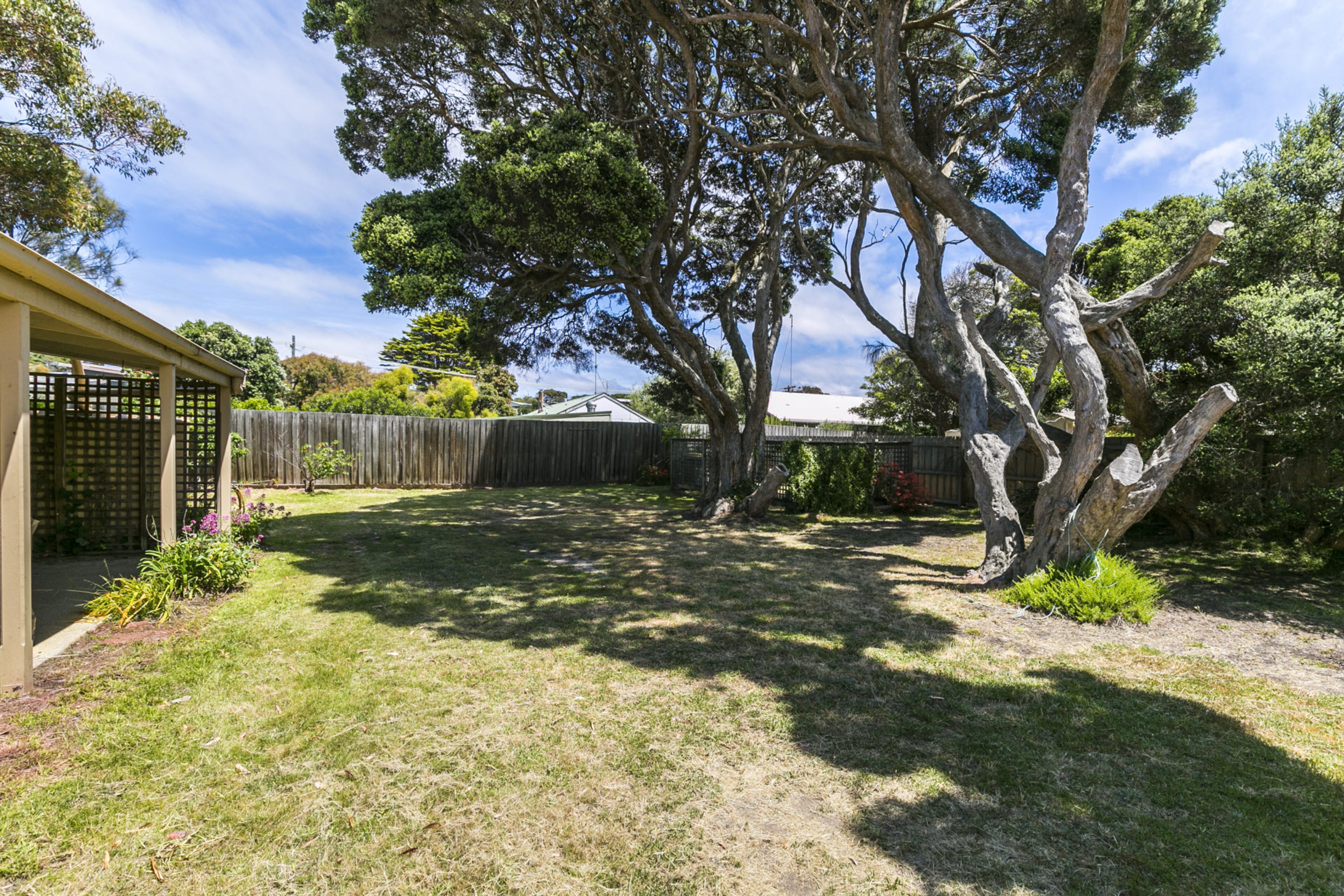 A backyard with a wooden fence, a tree, and a building with a sloped roof.