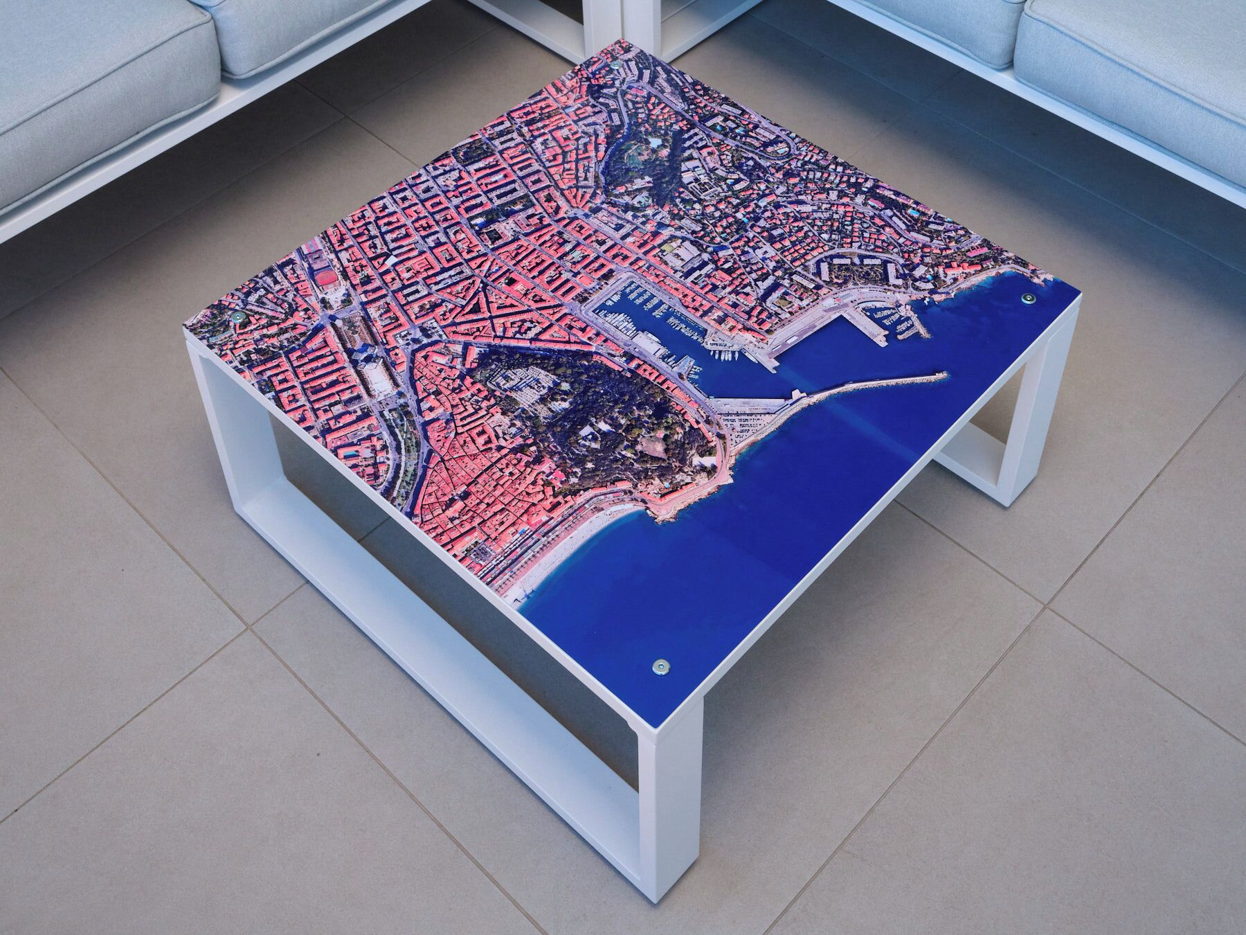 A table with a detailed city map design.