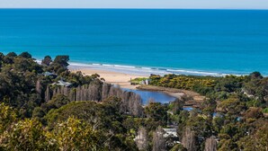 A coastal landscape with a beach, trees, and a clear view of the ocean. - Seamist - Elevated With Amazing Outlook (Lorne)