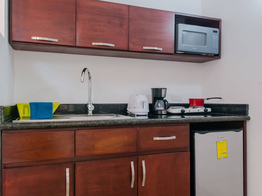 A compact kitchen with wooden cabinets, a stainless steel refrigerator, a microwave, a sink, and a gas stove.