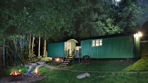 A green cabin with a porch and a fire pit in a wooded area.