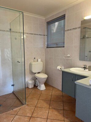 Een badkamer met een douchecabine van glas, een toilet, een wastafel en een raam met zonwering.