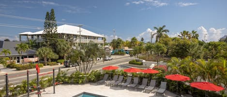 A pool area with lounge chairs and red umbrellas, surrounded by palm trees and a view of a street with buildings.