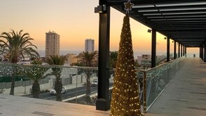 Une allée couverte avec un plafond de verre, des palmiers et un sapin de Noël doré.