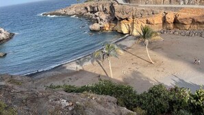 Une plage côtière bordée de falaises rocheuses, de palmiers et offrant une vue dégagée sur l’océan.