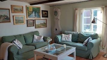 TV, fireplace, books, stereo