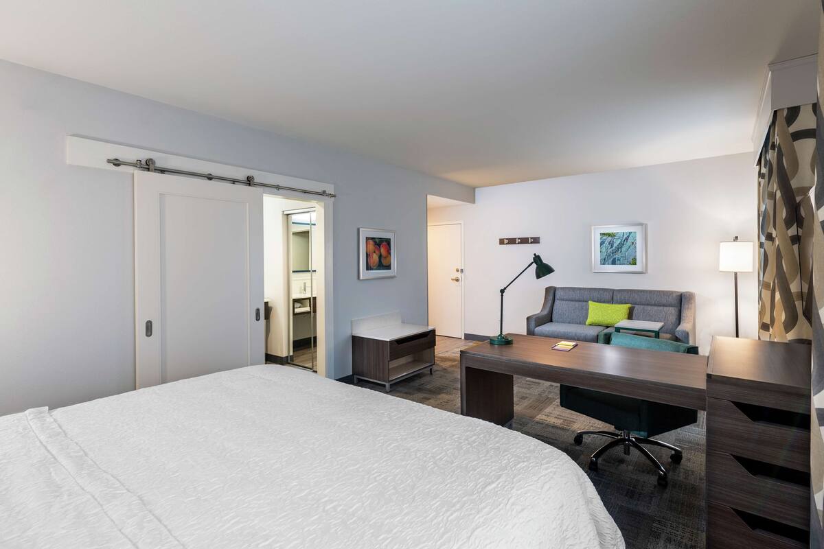 A hotel room with a bed, a desk, a chair, a sofa, and a wardrobe.