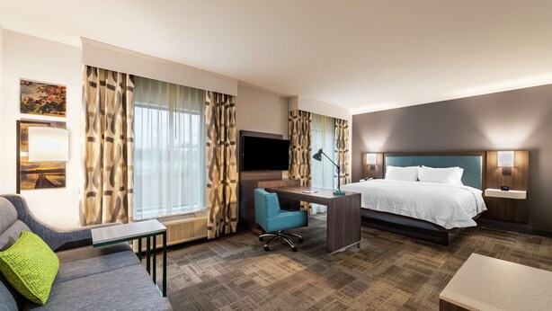 Una habitación de hotel con cama, escritorio, silla, televisor y sofá.