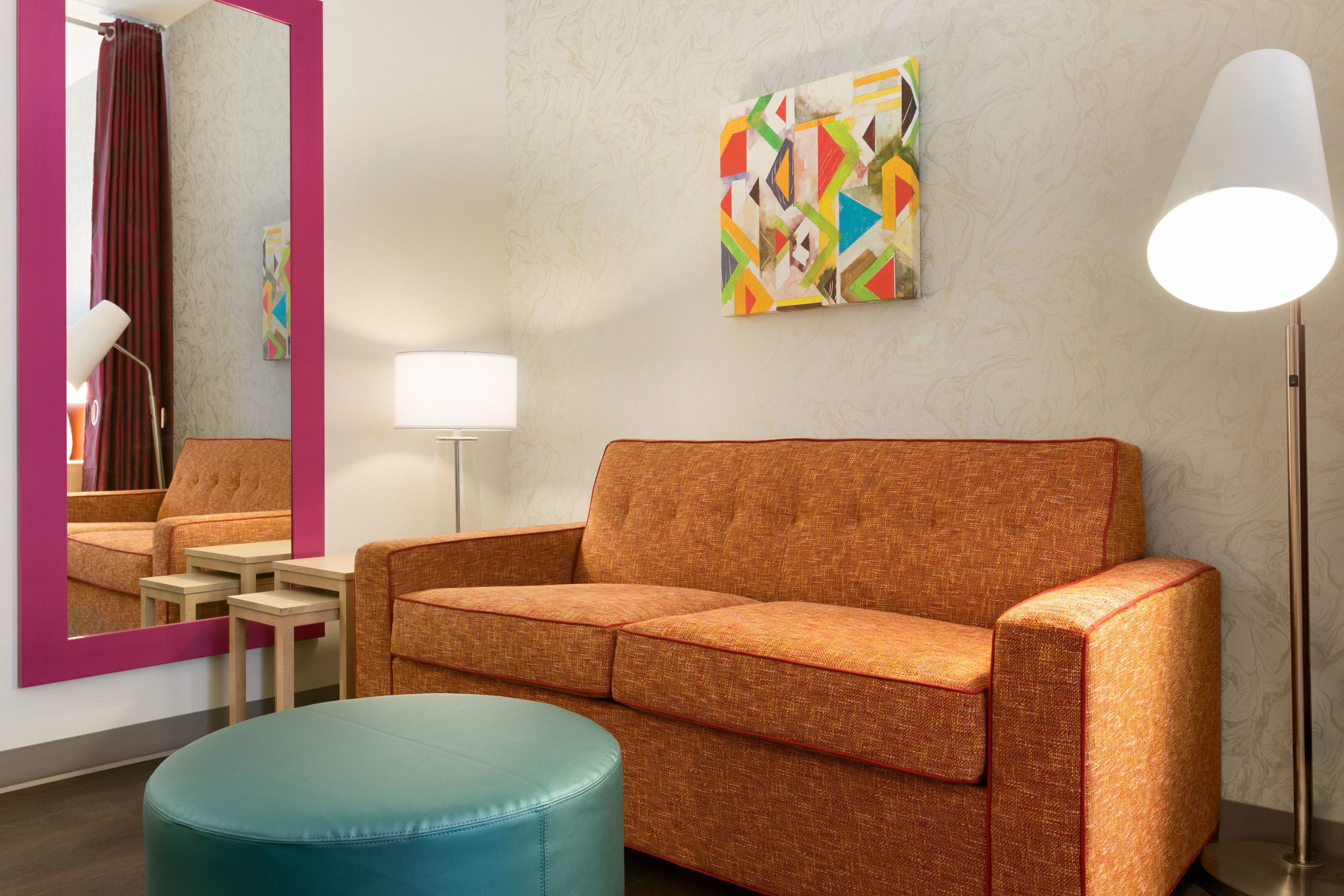 desk, laptop workspace, blackout curtains, iron/ironing board