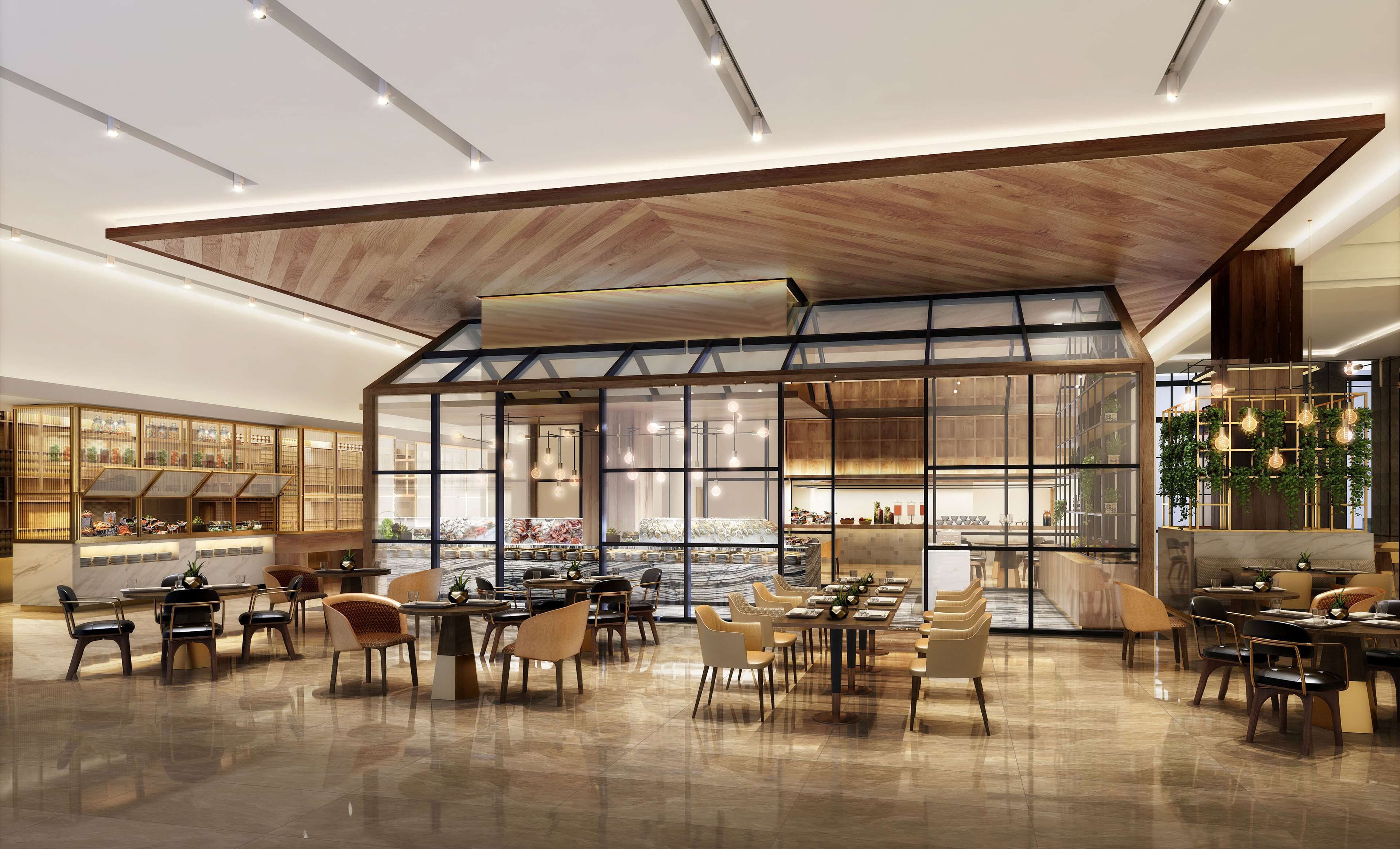 A spacious restaurant with high ceilings, modern lighting, and a variety of seating arrangements.