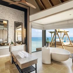 Separate tub and shower, deep soaking tub, free toiletries, hair dryer