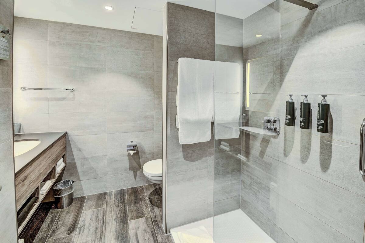 free toiletries, hair dryer, slippers, towels