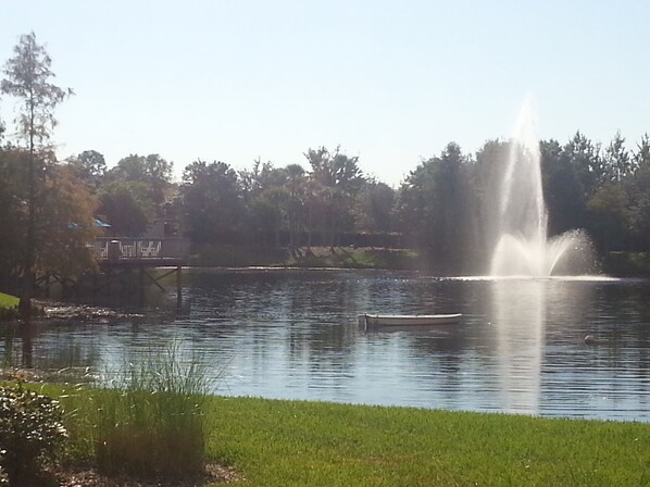 A tranquil lake with a fountain, surrounded by trees and a grassy area.