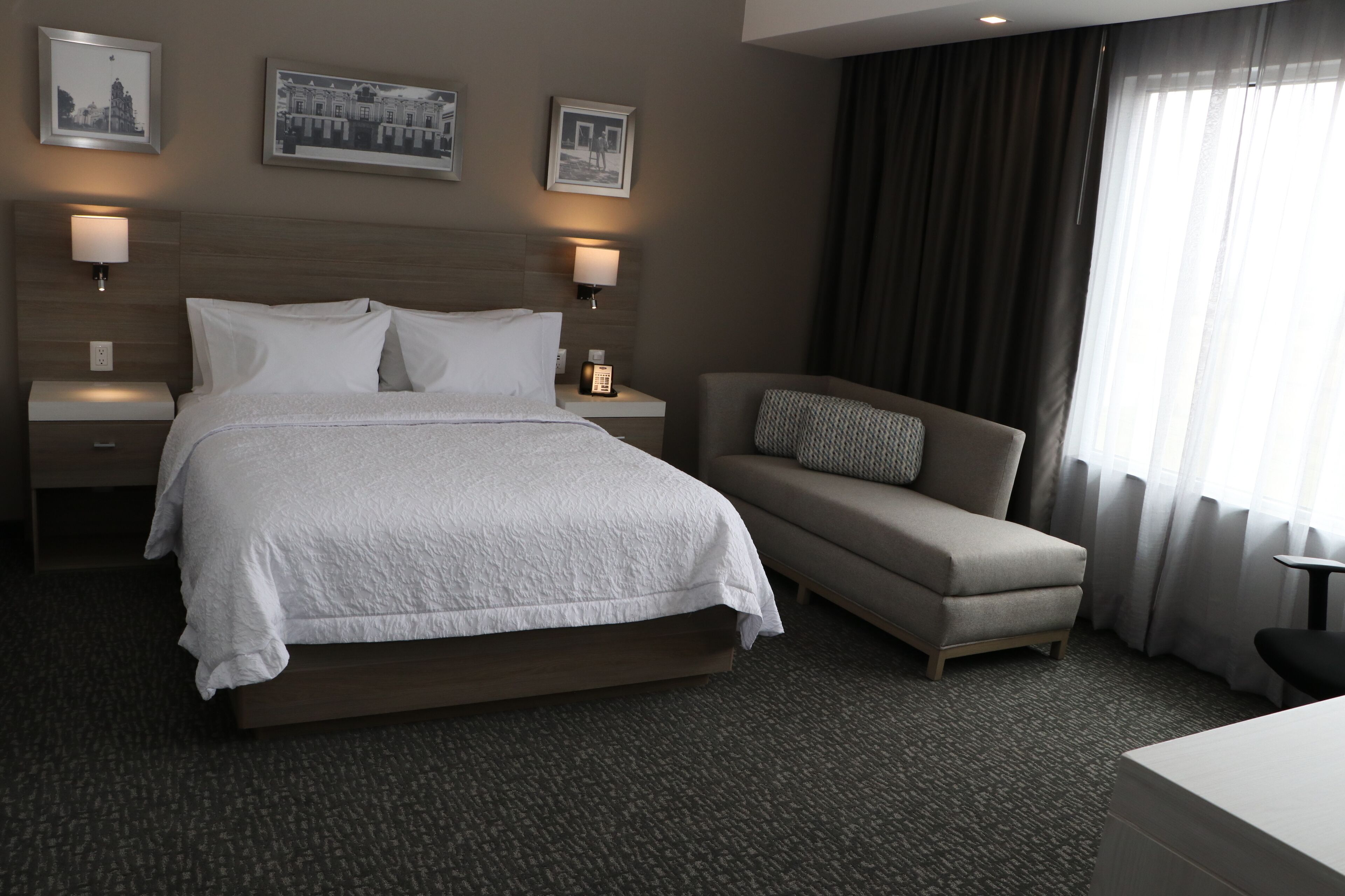 Habitación de hotel con una cama grande, un sofá, dos lámparas de noche y cuadros en la pared.